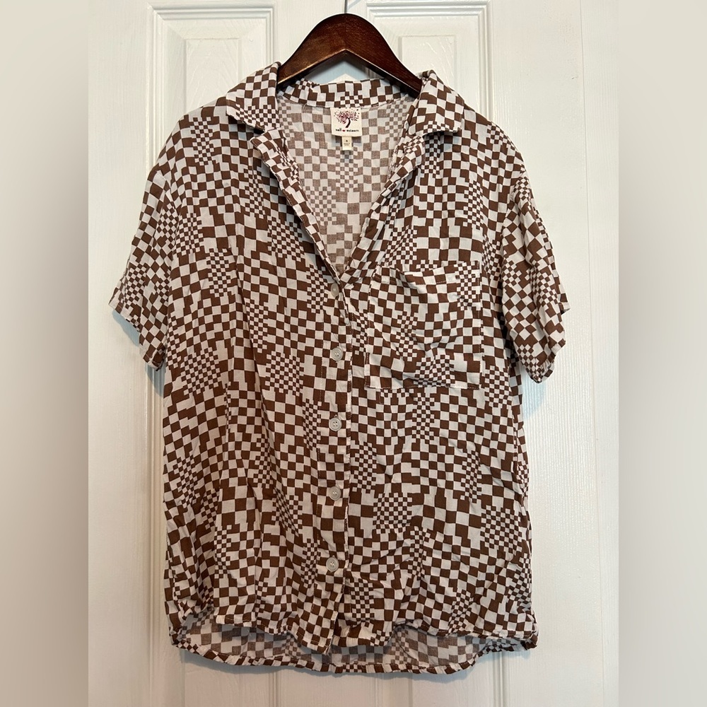 Brown and White Checkered Collard Blouse